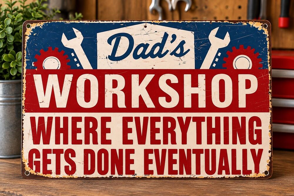 Dad’s Workshop Funny Metal Tin Sign 8x12 Garage Man Cave Decor